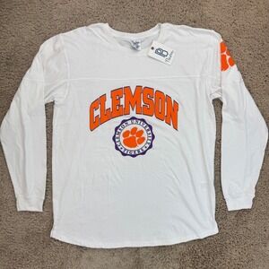 Pressbox Clemson Tigers T-Shirt Womens L White L/S Arch Over Paw Logo Thumb Hole